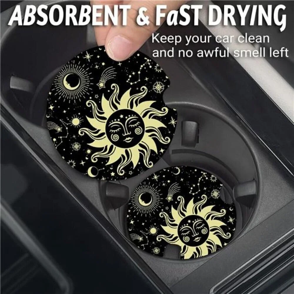 Car Cup Coasters Black Sun Flower  2-Pack Cup Holder Anti Slip Rubber Vehicle